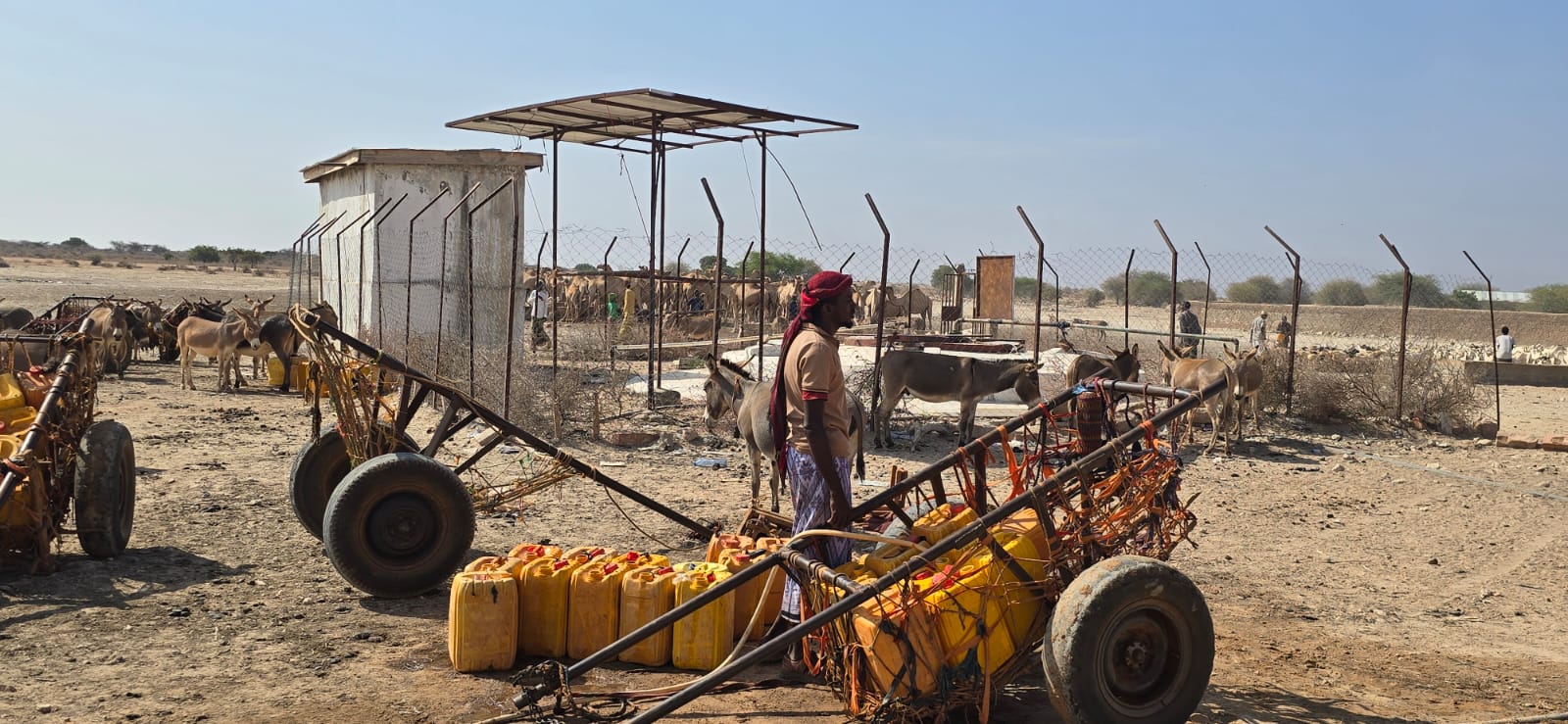 Boy collecting water with wheelbarrow