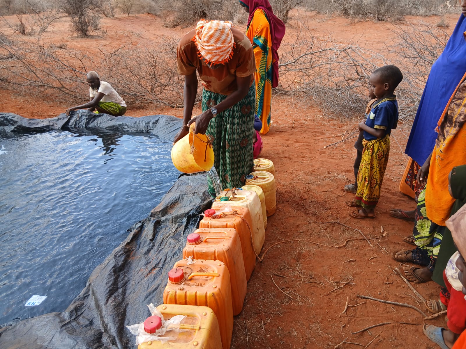 Community collecting water from bladder tank